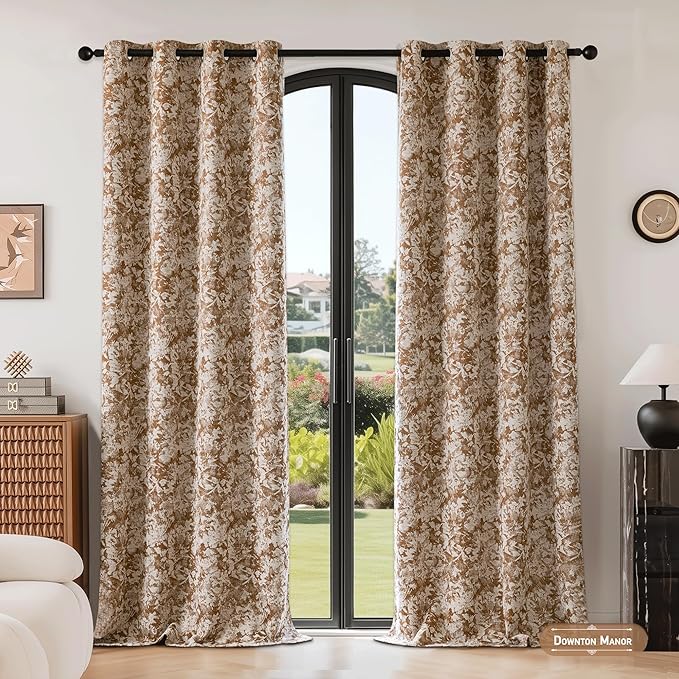 Beauoop Brown Floral Jacquard Blackout Curtains 63 Inches Long 2 Panels - Image 4