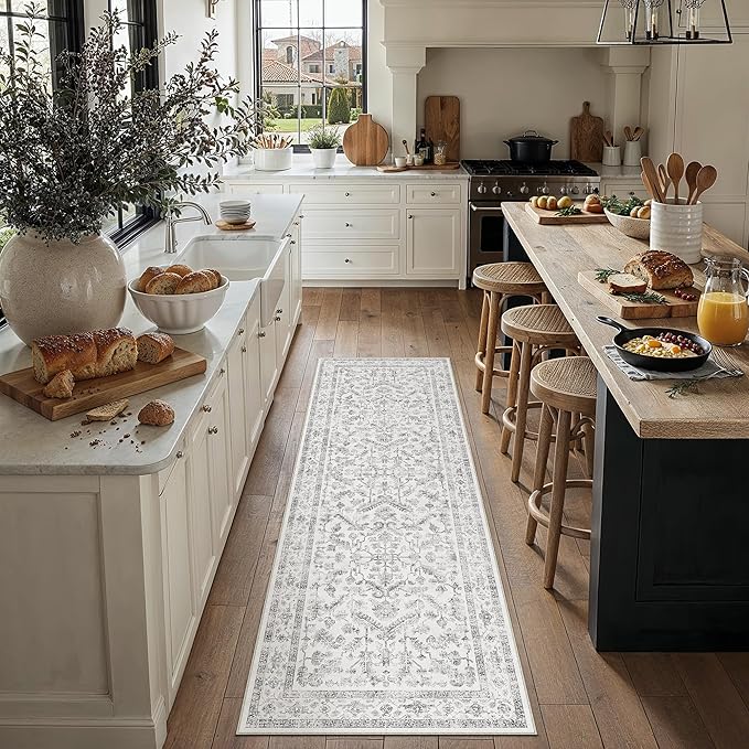Grey 2x7 Runner Rug Vintage Area Carpet Hallway Indoor Kitchen Washable Neutral by PureCozy