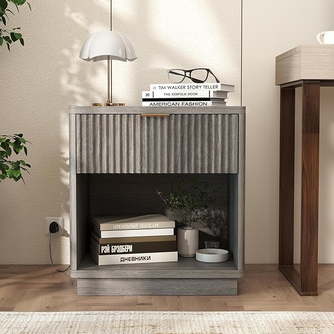 Miereirl Fluted Nightstand Charging Station, Wooden Vintage Night Stands Curved - Image 3
