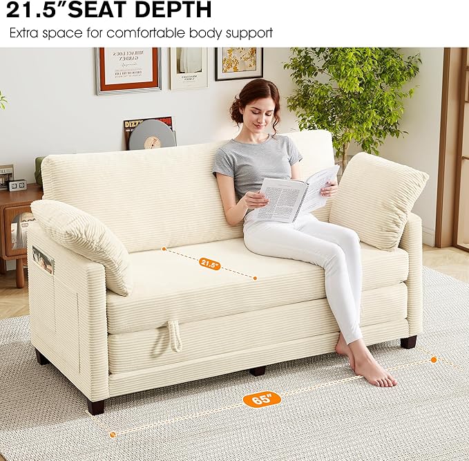 65" Loveseat Sleeper Sofa Bed, Corduroy Convertible Sofa Bed - Image 4