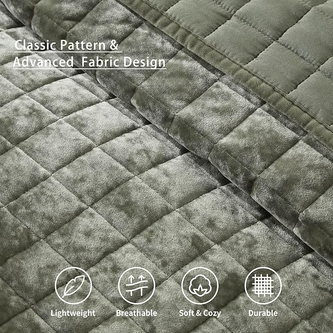LEAONME Velvet Quilt California King-118''x106'', Lightweight Olive Green - Image 4