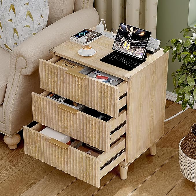 Lulive Wood 3 Drawers Dresser Fluted Night Stand - Image 3