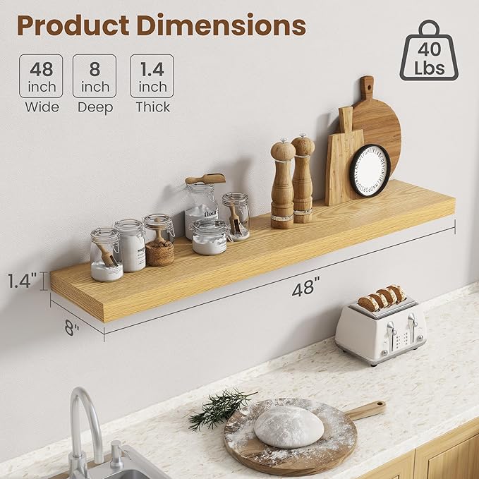 48 Inch Floating Shelves for Wall, 8 Inch Deep Floating Shelf for Storage & - Image 3