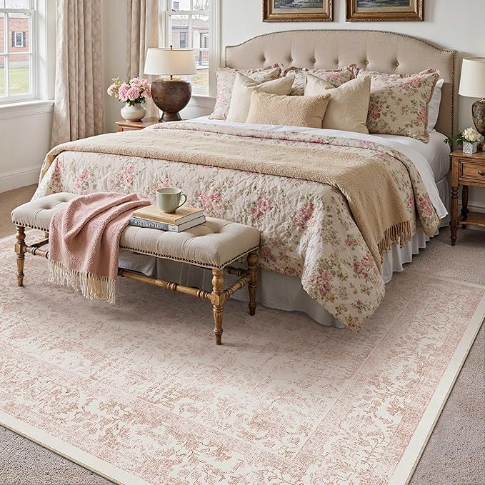 Pink Area Rug 9x12 Machine Washable Large Vintage Living Room Distressed Non - Image 5
