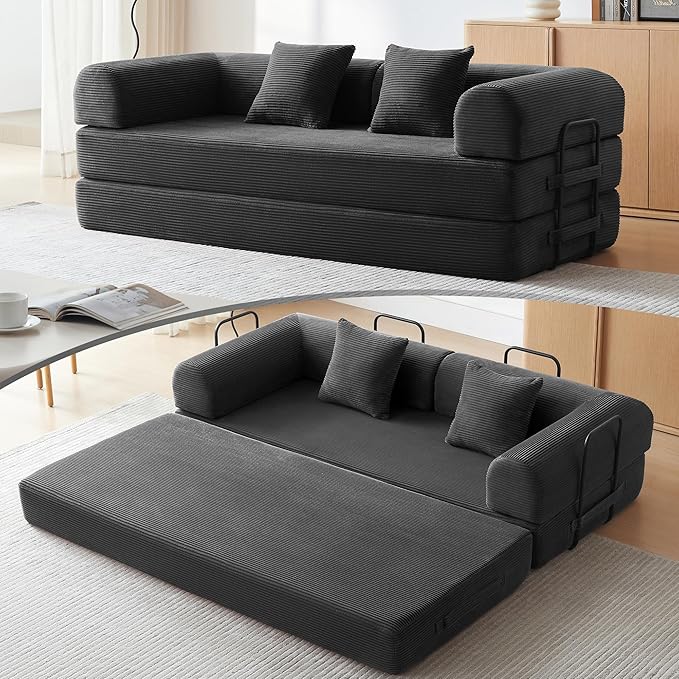Convertible Sleeper Bed with 2 Cylindrical Pillow, Comfy Foldable Bed by QQR