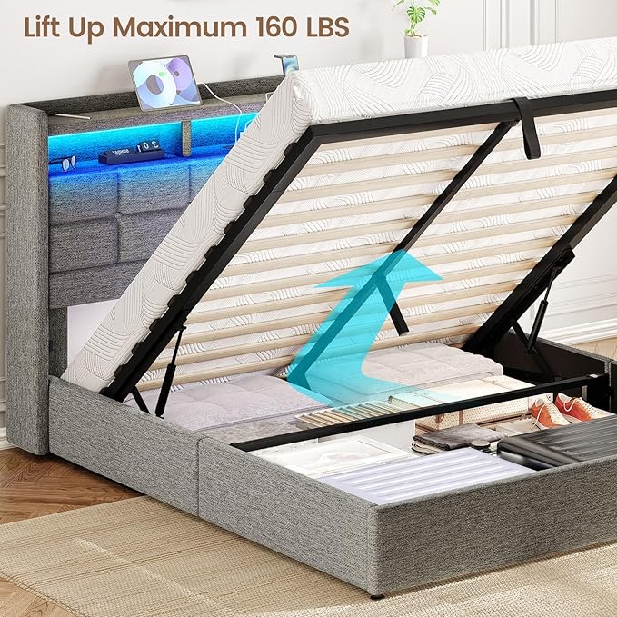 Lift Up Queen Bed Frame with Storage, Upholstered Bed Frame Queen Size with LED - Image 6