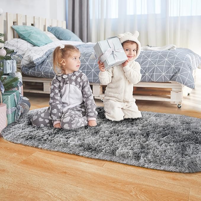 Noahas Oval Fluffy Grey Rainbow Rug 2.6X5.3 Small Kids Rugs - Image 8
