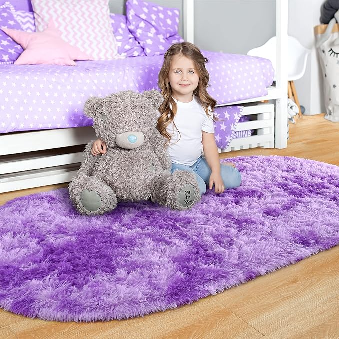 Noahas Oval Fluffy Purple Rug 2.6X5.3 Small Kids Rugs - Image 2