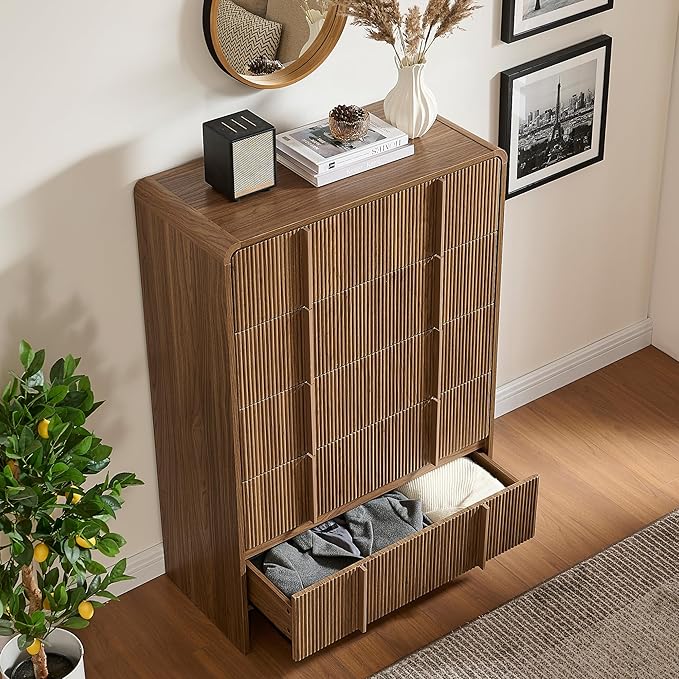 AMERLIFE Fluted 5 Drawer Dresser, Rounded Corners & Anti-Tip, Wood Drawer by AMERLIFE