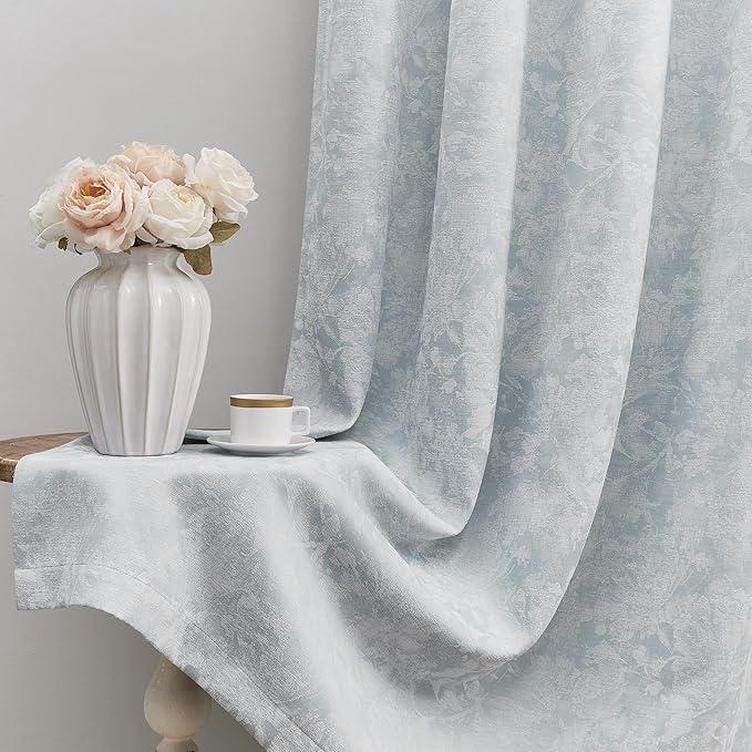 Beauoop Blue Floral Jacquard Blackout Curtains 63 Inches Long 2 Panels by Beauoop