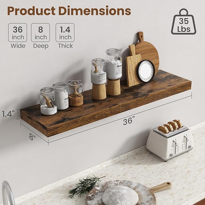 36 Inch Floating Shelves for Wall, 8 Inch Deep Floating Shelf for Storage & - Image 3