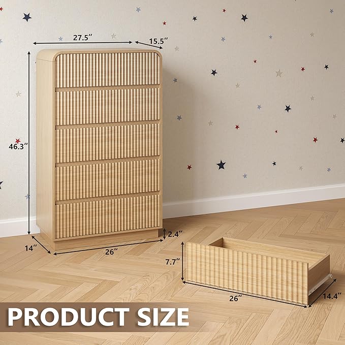Tall Dresser for Bedroom with 5 Drawers, Fluted Chest of Drawers with Round - Image 2