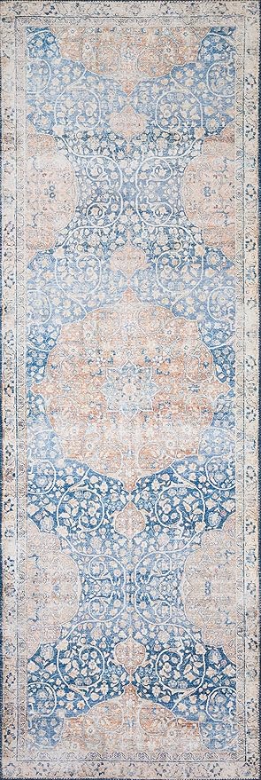 Loloi Layla Collection LAY-07 Blue/Tangerine 2'-6" x 7'-6" .13" Thick Runner Rug - Image 2