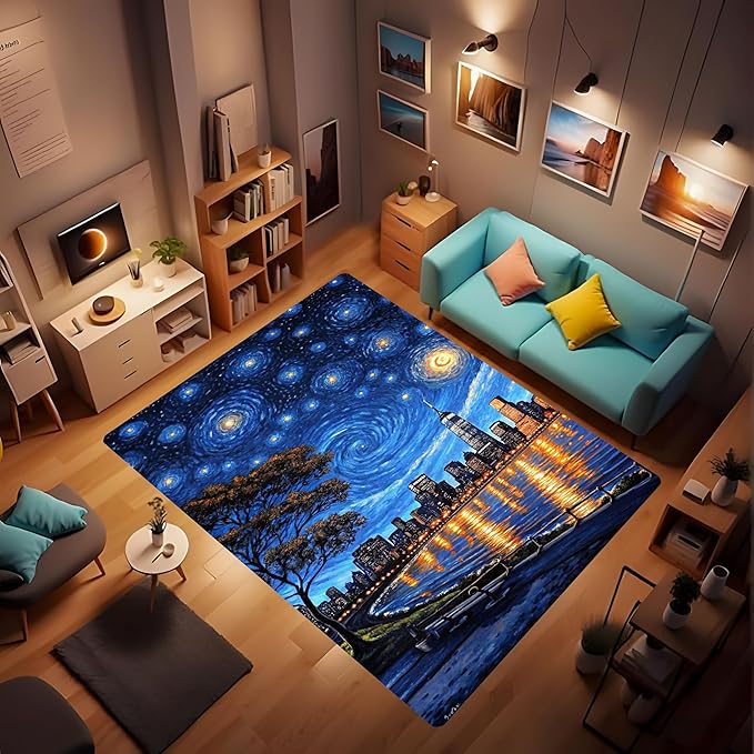 Machine Washable 5' x 8' Oil Painting-Style Area Rug, Bule Floor mat, Suitable by Unknown