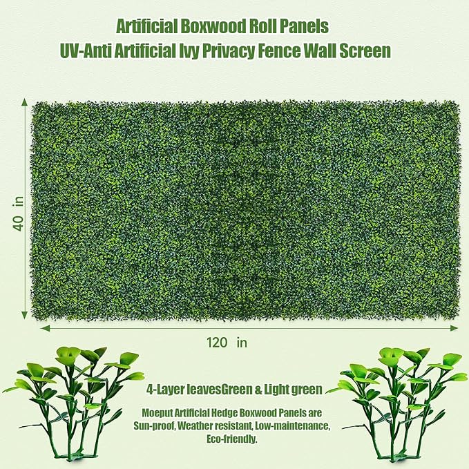 Artificial Ivy Privacy Fence Screen, 40X120 in UV-Anti Faux Boxwood Roll Panels - Image 2