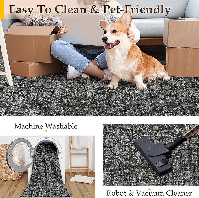 Dark Black Area Rug 6x9 Machine Washable Vintage Living Room Distressed Non - Image 4