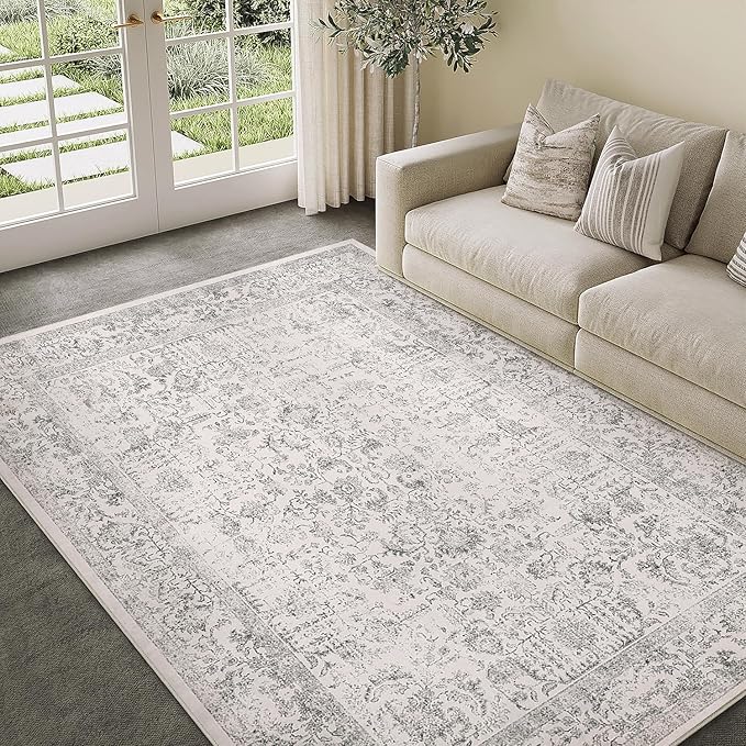 Gray Area Rug 6x9 Machine Washable Vintage Living Room Distressed Non Slip - Image 5