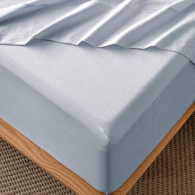 MooMee Fitted Bottom Sheet Only 100% Washed Cotton Linen Like Textured by MOOMEE