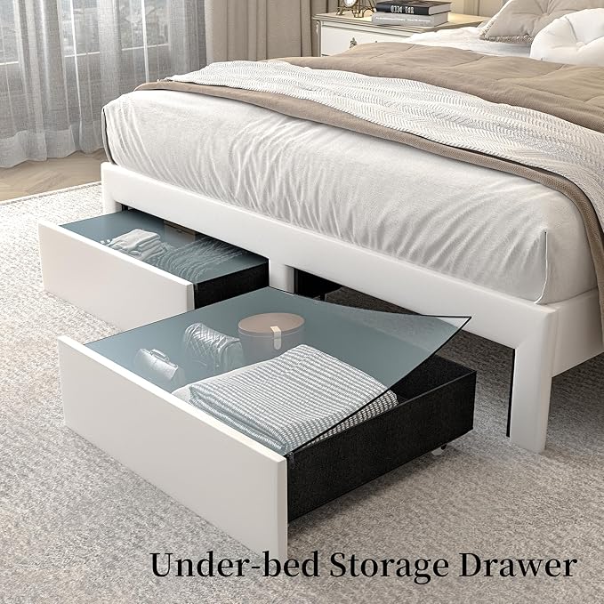 King LED Bed Frame with 2 Storage Drawers, PU Upholstered Platform Beds with - Image 5