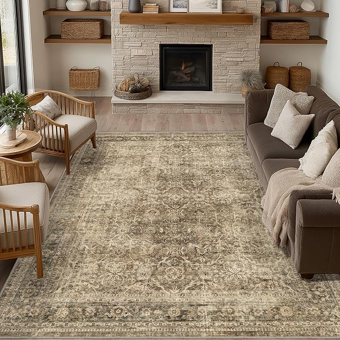 FMFUNCTEX 6x9 Washable Area Rug Brown Vintage Neutral Distressed Large Non Slip by Fmfunctex