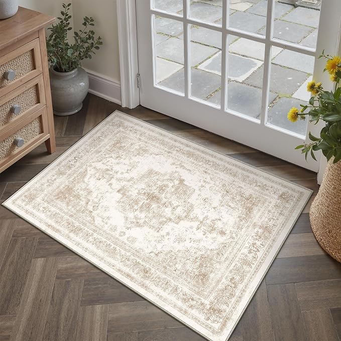 Area Rug 2x3 Cream Washable Entryway Vintage Medallion Beige Carpet Non Slip - Image 5