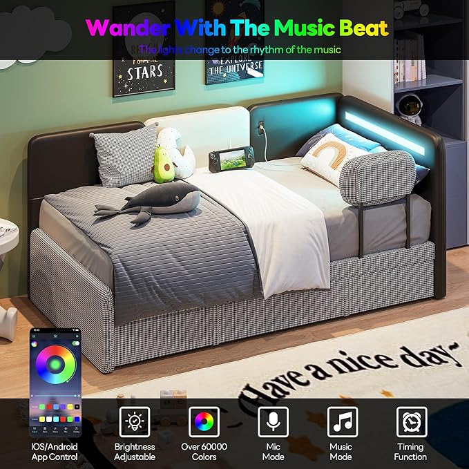 LIKIMIO Twin Daybed with Trundle, Day Bed Frame with 2 USB Ports& LED, - Image 8