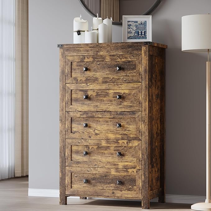 Tall 5-Drawer Dresser, Modern Wooden Storage Chest of Drawers, Dresser TV Stand by BORNOON