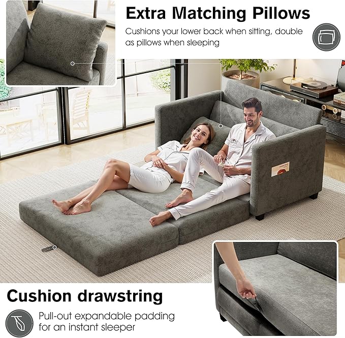 51" Loveseat Sleeper Sofa Bed, Chenille Convertible Floor Sofa Bed - Image 3