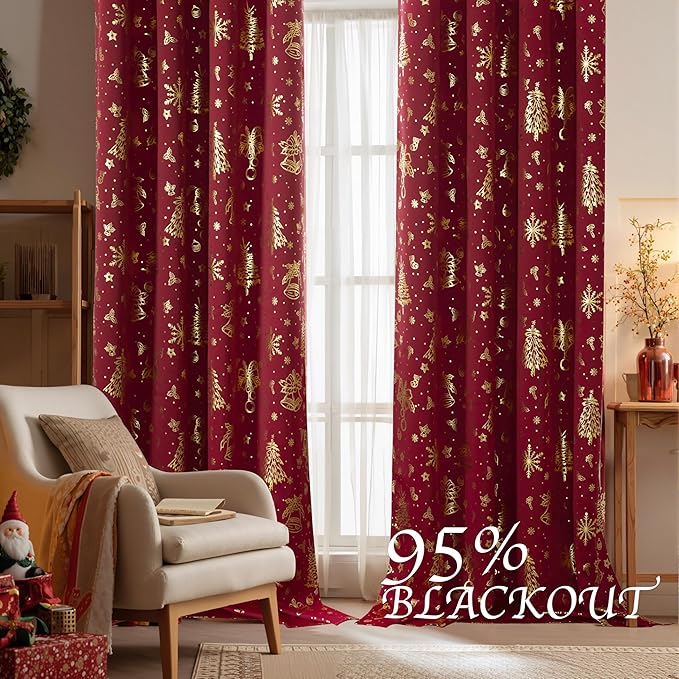 NICETOWN 2 Christmas Red Curtains 52 x 90 Inch, Holiday Style Window Treatment - Image 3