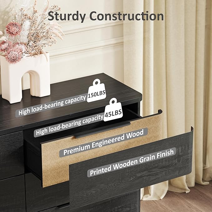 6 Drawer Dresser for Bedroom, Curved Profile Design, Wooden Black Dresser - Image 8