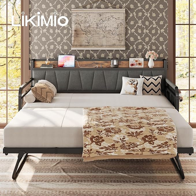 LIKIMIO Daybed with Trundle Bed, Twin Bed Frame with Storage Headboard and - Image 8