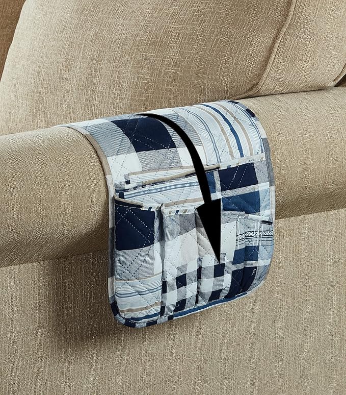 Brilliant Sunshine Multi Blue Plaids and Stripes Patchwork Sofa Armrest 5 - Image 3