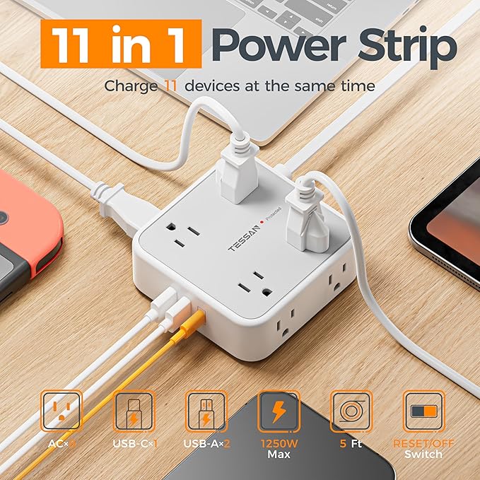 TESSAN 10 Ft Surge Protector Power Strip, 3 USB 8 Outlets, Flat Plug Extension - Image 2
