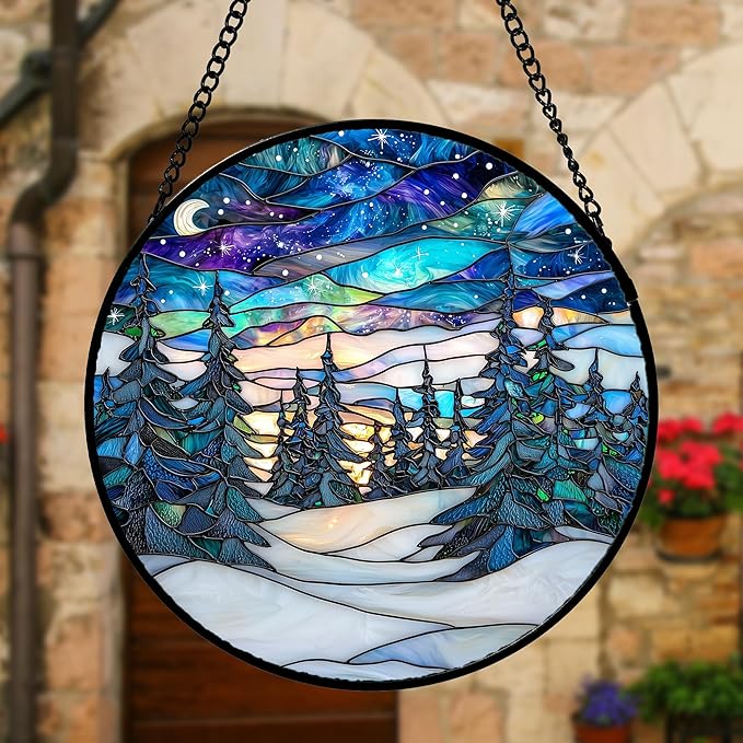 DASTOLL Stained Glass Window Hanging, Starry Sky Trees and Snow Sun Catchers - Image 5