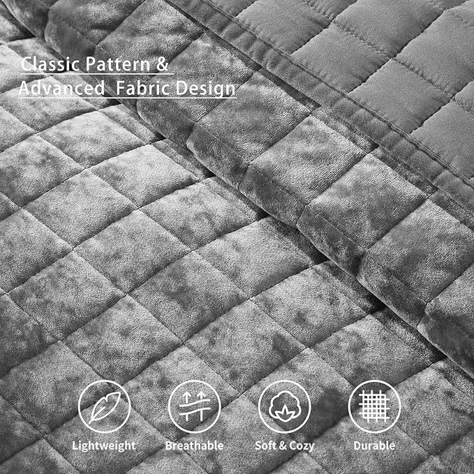 LEAONME Velvet Quilt Full/Queen Size-90''x98'', Lightweight Grey Velvet - Image 4