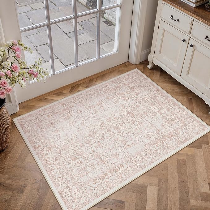 Pink Entryway Area Rug 2x3 Door Mat Machine Washable Kitchen Vintage Distressed - Image 5