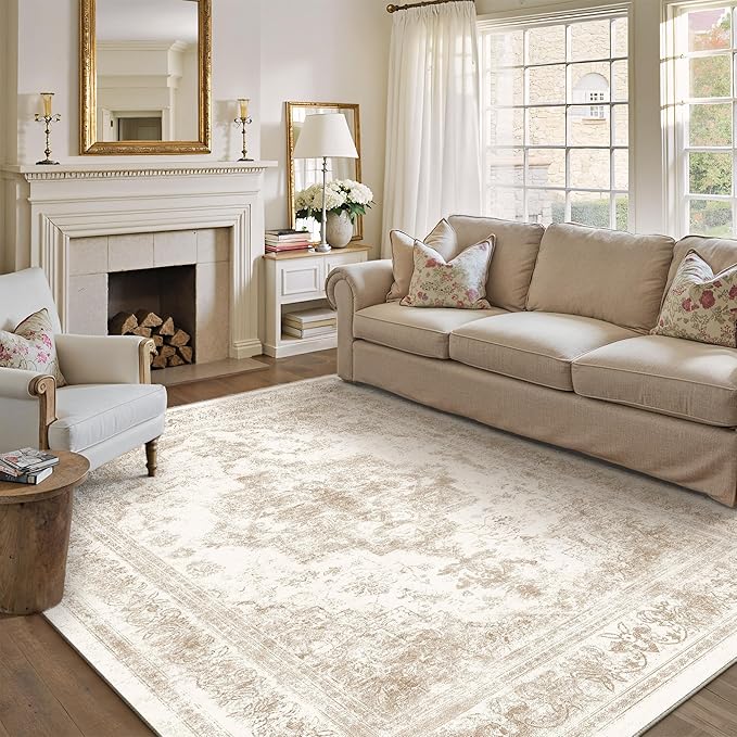Area Rug 6x9 Cream Washable Living Room Beige Carpet Non Slip Vintage Medallion - Image 5