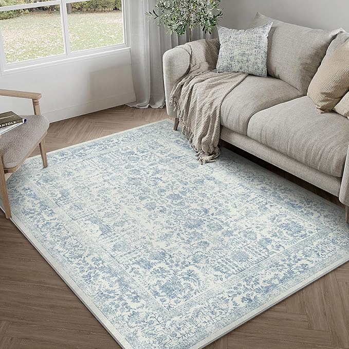 Blue Area Rug 4x5 Office Entryway Rug Machine Washable Kitchen Vintage by PureCozy