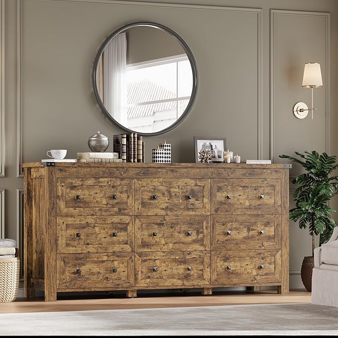 BORNOON 9-Drawer Dresser, Modern Wooden Storage Chest of Drawers, Dresser TV - Image 6