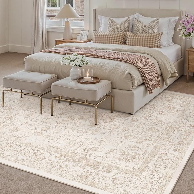 Beige Area Rug 5x8 Machine Washable Vintage Living Room Distressed Non Slip - Image 3