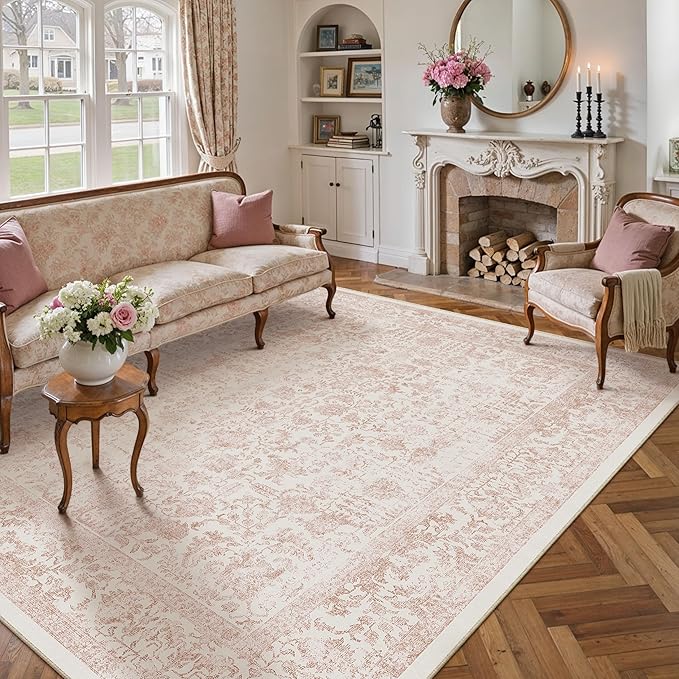 Pink Area Rug 6x9 Machine Washable Vintage Living Room Distressed Non Slip by PureCozy