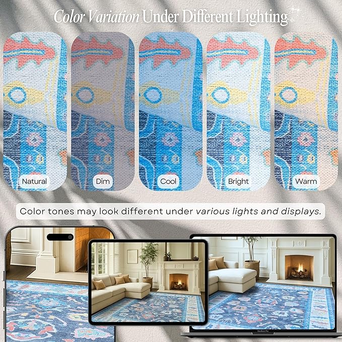 Fame Rugs Blue Modern Oushak Rug 5x7, Washable Vintage Turkish Colorful - Image 5