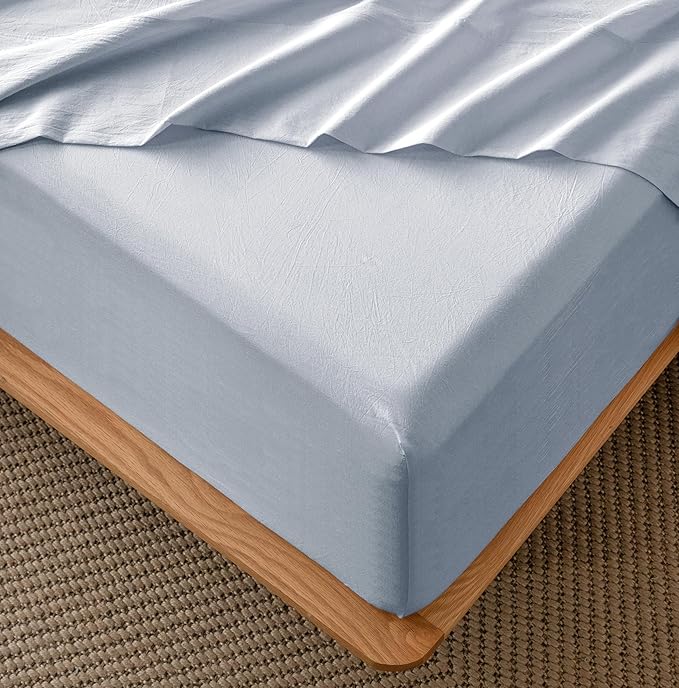 MooMee Fitted Bottom Sheet Only 100% Washed Cotton Linen Like Textured by MOOMEE