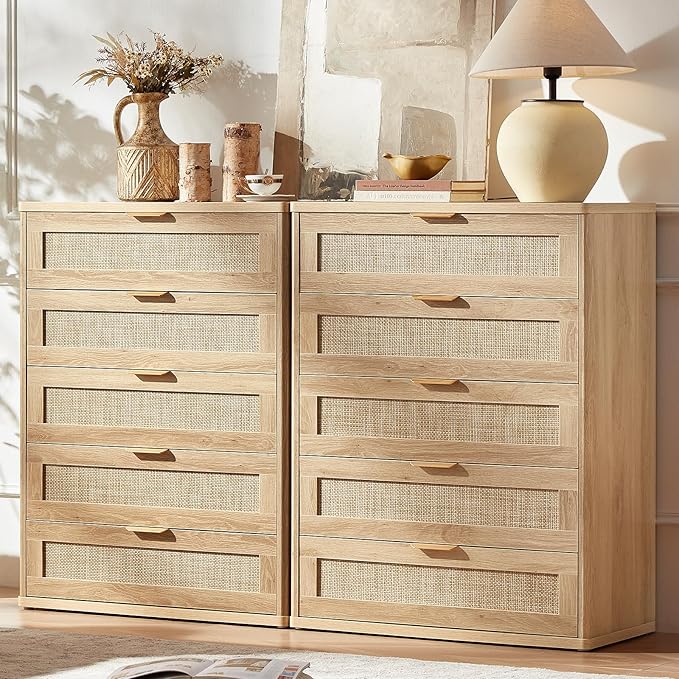 LEYAOYAO Rattan Dresser for Bedroom Set 2, Modern 5 Drawers Boho Dressers - Image 9