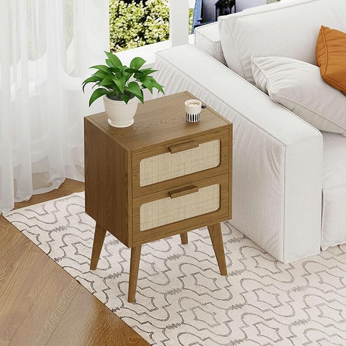 YAUKOMEL Rattan Nightstand Set of 2, Mid Century Modern Bedside - Image 4