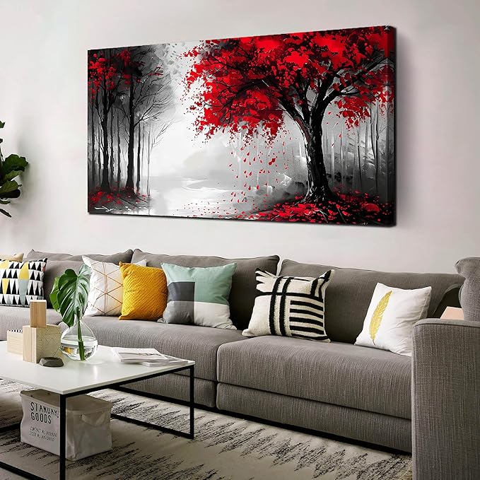 Large Canvas Wall Art for Living Room Black White and Red Forest Print Pictures by FramedCanvasWallArt