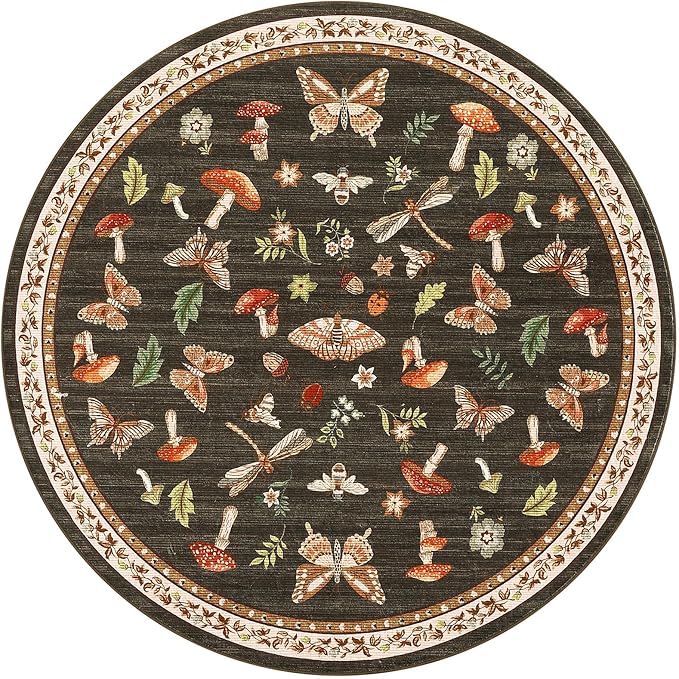 Mushroom Insect 3ft Round Rug Washable Non-Slip Soft Ultra-Thin Small Boho - Image 3