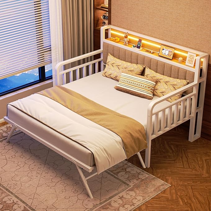 Daybed with Trundle and LED Light, Heavy Duty Metal Twin Bed Frame with - Image 3