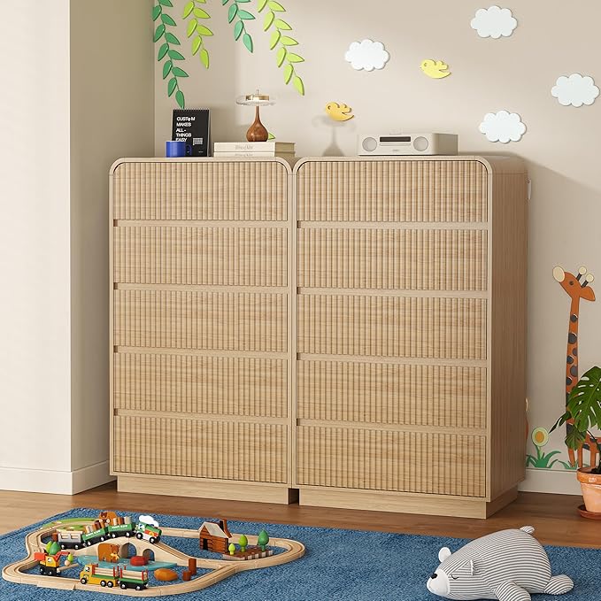 Tall Dresser for Bedroom with 5 Drawers, Fluted Chest of Drawers with Round - Image 6