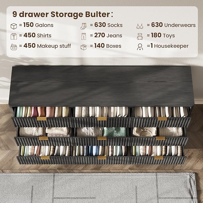 63'' Wide 9 Drawers Dresser for Bedroom, Modern Fluted Vertical Chest - Image 5